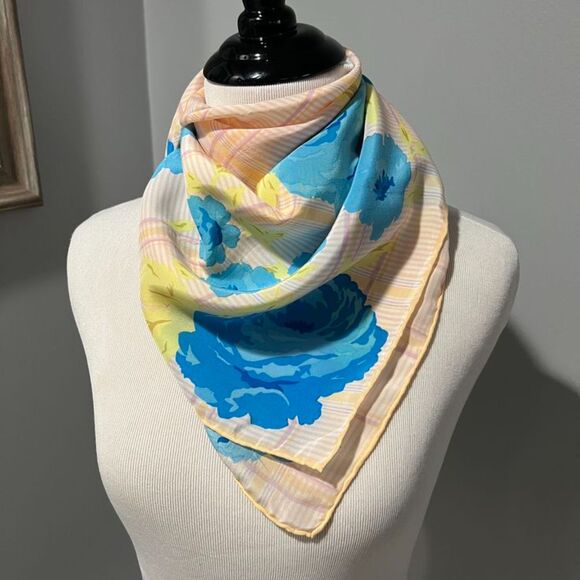 Vintage Peach, Pink, Blue, Yellow Silky Square Scarf 30.5" x 31.5" - Picture 3 of 8